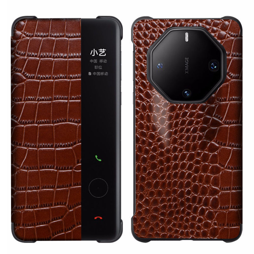 Äkta kohudsläder flip fodral för Huawei Mate 60 RS Crocodile Window View Cover