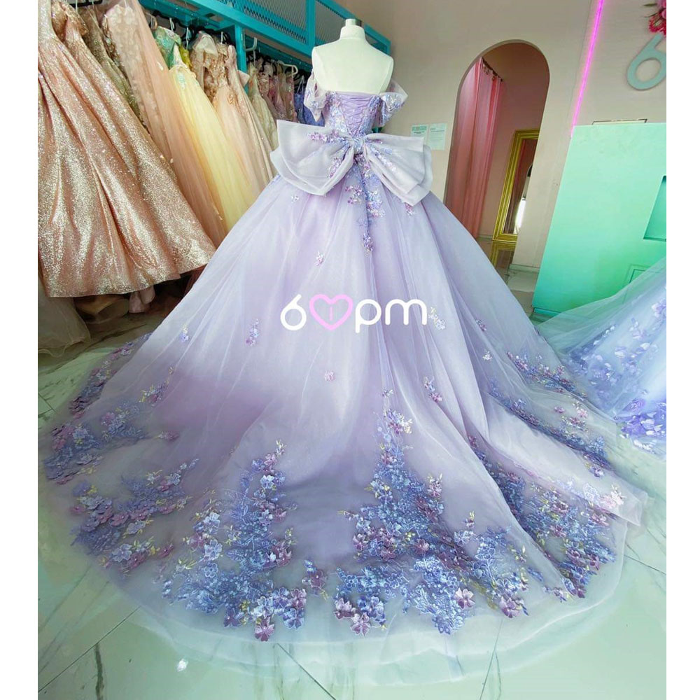 Lila quinceanera klänning boll klänning från axeln 3d blommor applikationer korsett söta 15 vestidos de xv anos