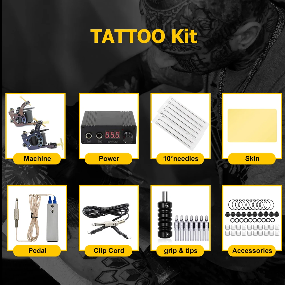 Sats Yuelong Kompletta tatueringssatser med 2st COILS TATTOO HINE GUNS Power Supply Foot Pedal Needles For Tattoo Kit Supplies