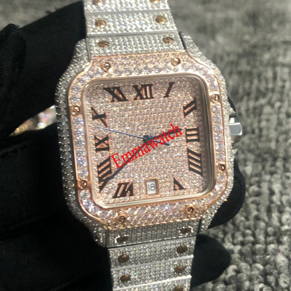 Orologio in oro rosa misto argento zirconi con diamanti numeri romani lusso MISSFOX quadrato meccanico da uomo orologi completamente ghiacciati Cub329q