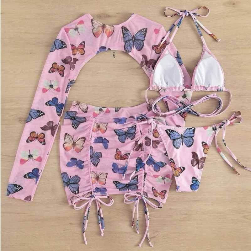 Women's Swimwear womens swimsuit with bikini lace suspender beach skirt sexy butterfly print swimsuit beach suit direct shipping J240221