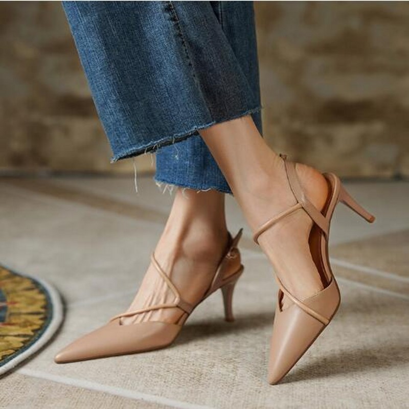 Elegant White Beige Women Mary Jane Shoes Fashion High heel Genuine Leather Pointed toe Party Dress Shoes