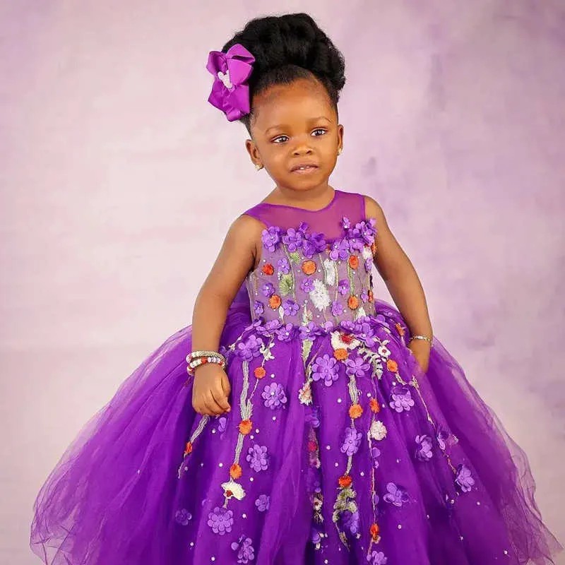 Robes de demoiselle d'honneur en tulle violet, jolies broderies de fleurs 3D, col rond, gonflées, en tulle, robe de spectacle formelle d'anniversaire, de bal, robe de communion pour tout-petits CL3312