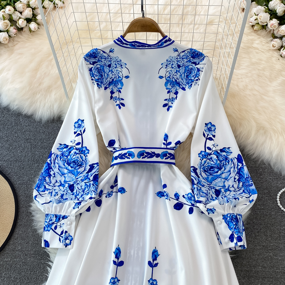 Vestido sencillo cuello redondo estampado porcelana azul y blanco S M L XL 2XL