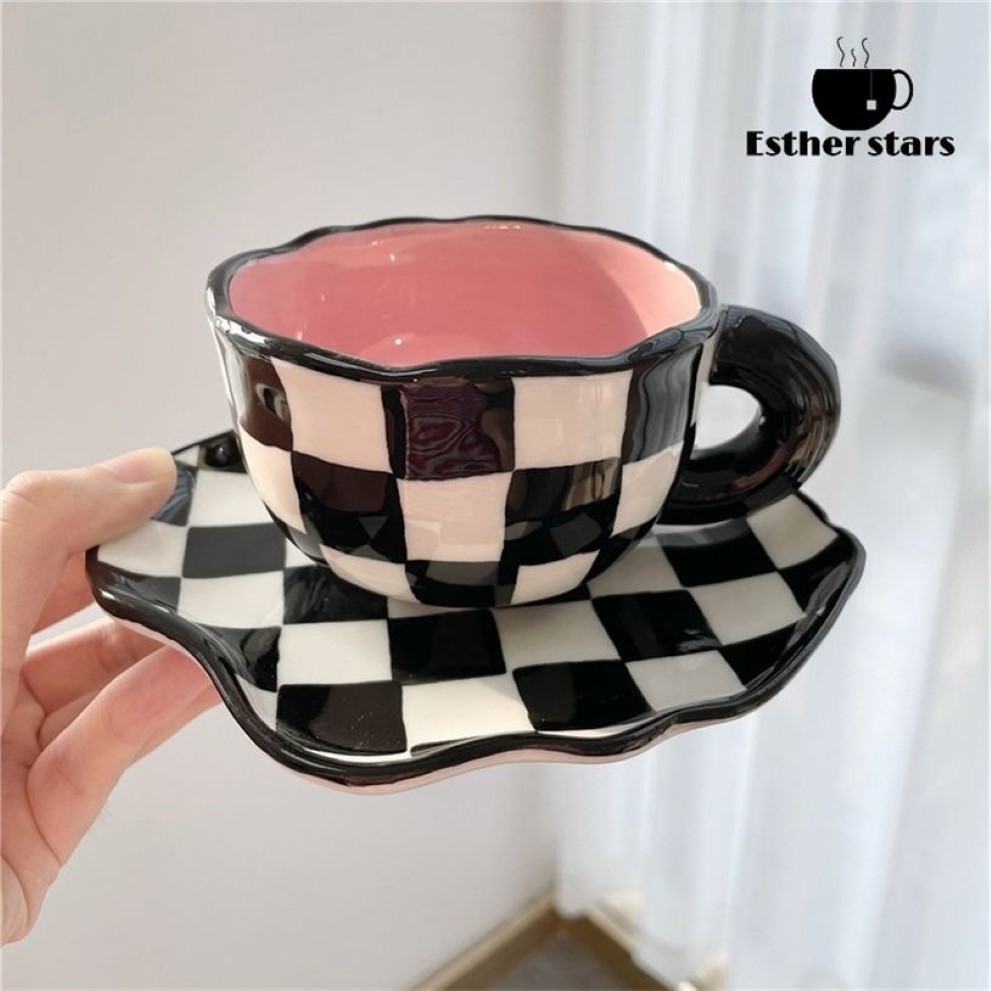 Tasses en céramique peintes à la main échiquier personnalisé conception originale tasse à café soucoupe pour thé lait cadeaux créatifs poignée Drinkware 2263s