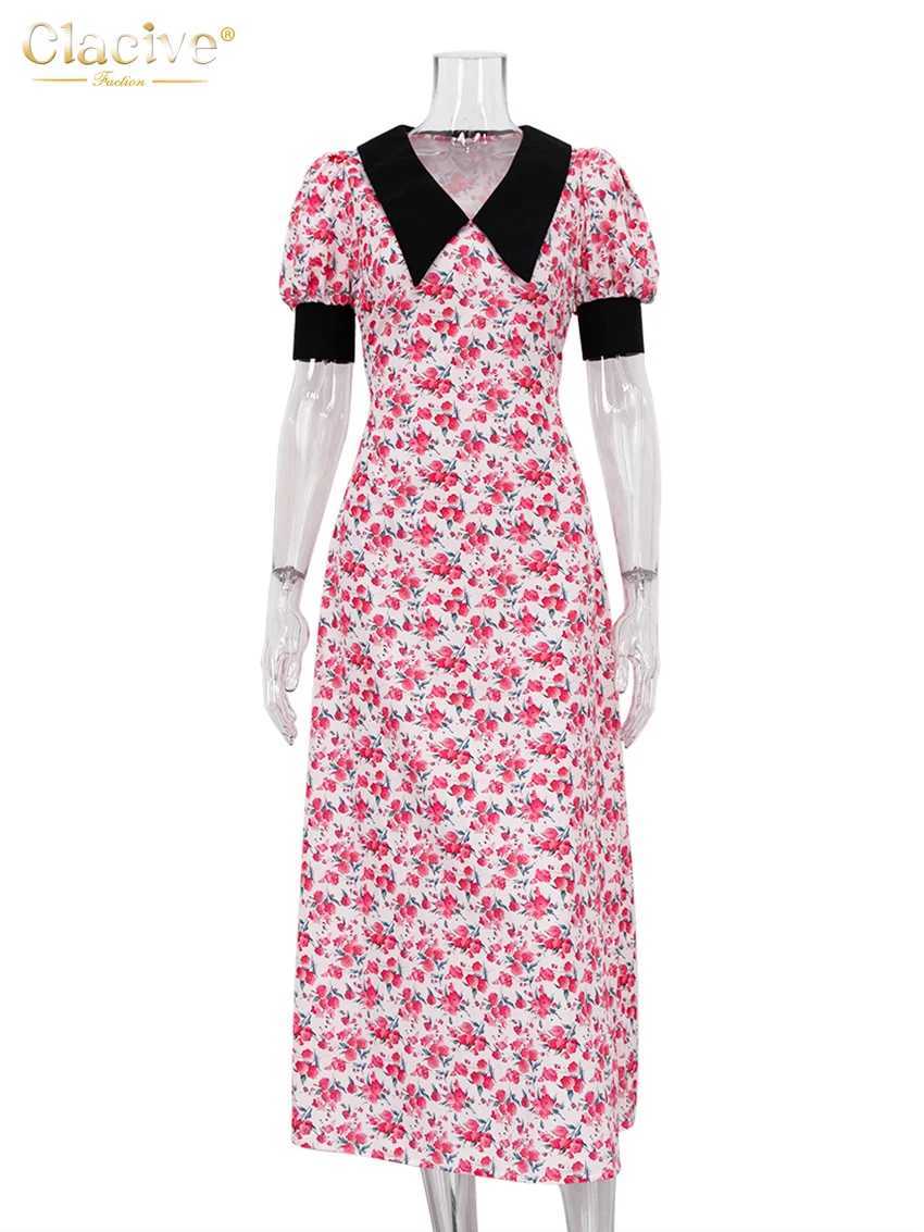 Basic Casual Jurken Clacive Zomer Bodycon-jurk met print Damesmode Doll Neck Midi-jurk met korte mouwen Elegante damesjurk met hoge taille 2023 J240222