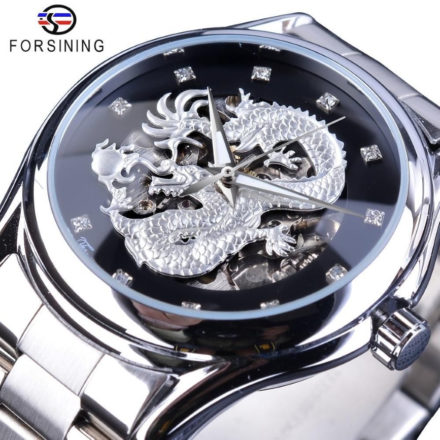 Forsining Diamond Montre Design Silver Stainless Automatic Dragon Display Men Homme Luxury Watches Wrist Brand Classic Top Steel H325D