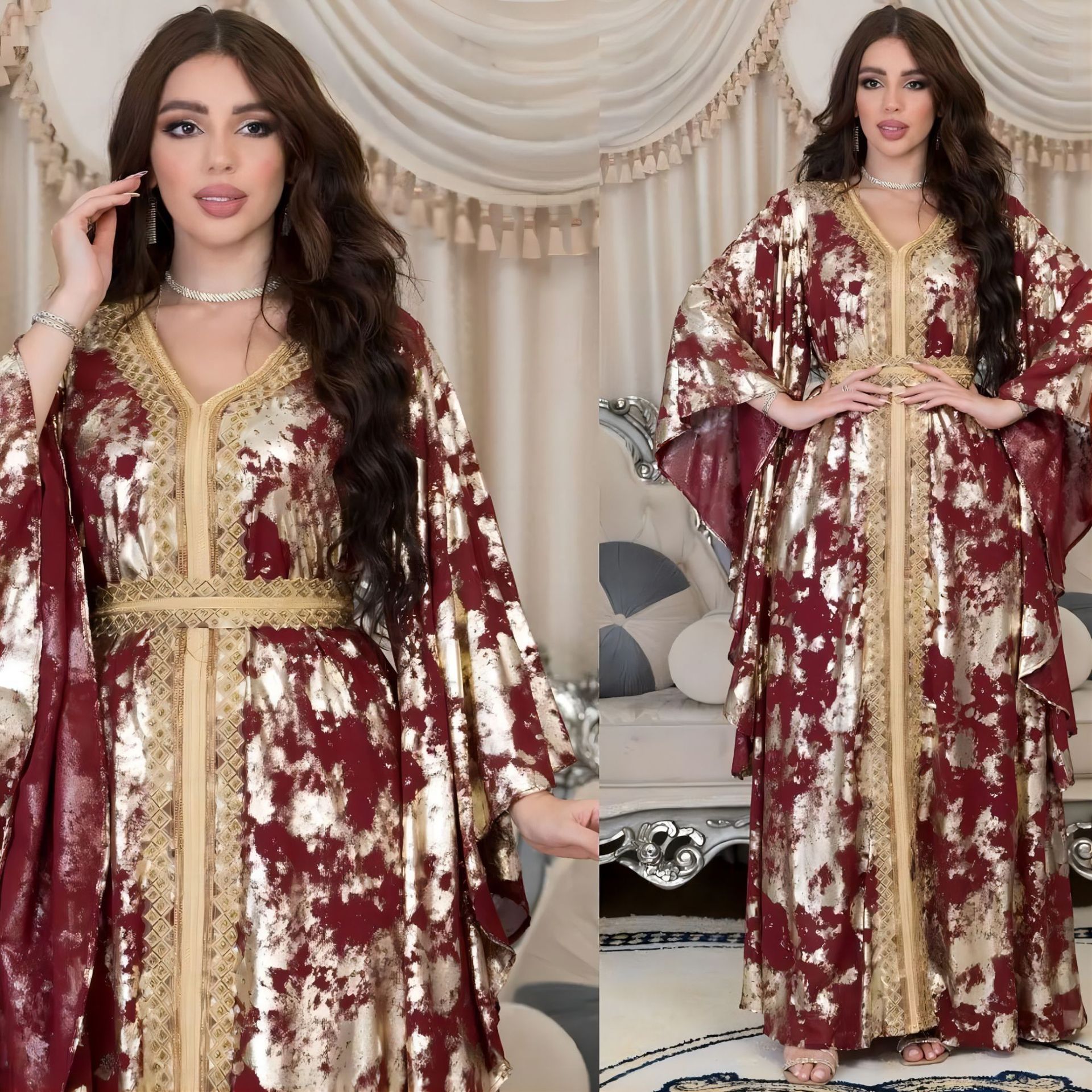 Mellanöstern 2024 NY MUSLIM CHIFFON BRONZING ROCE MED BELT MIDDE EAST DRESS BAT SELEVES Diamonds Applique Loose Abaya Dubai Caftan