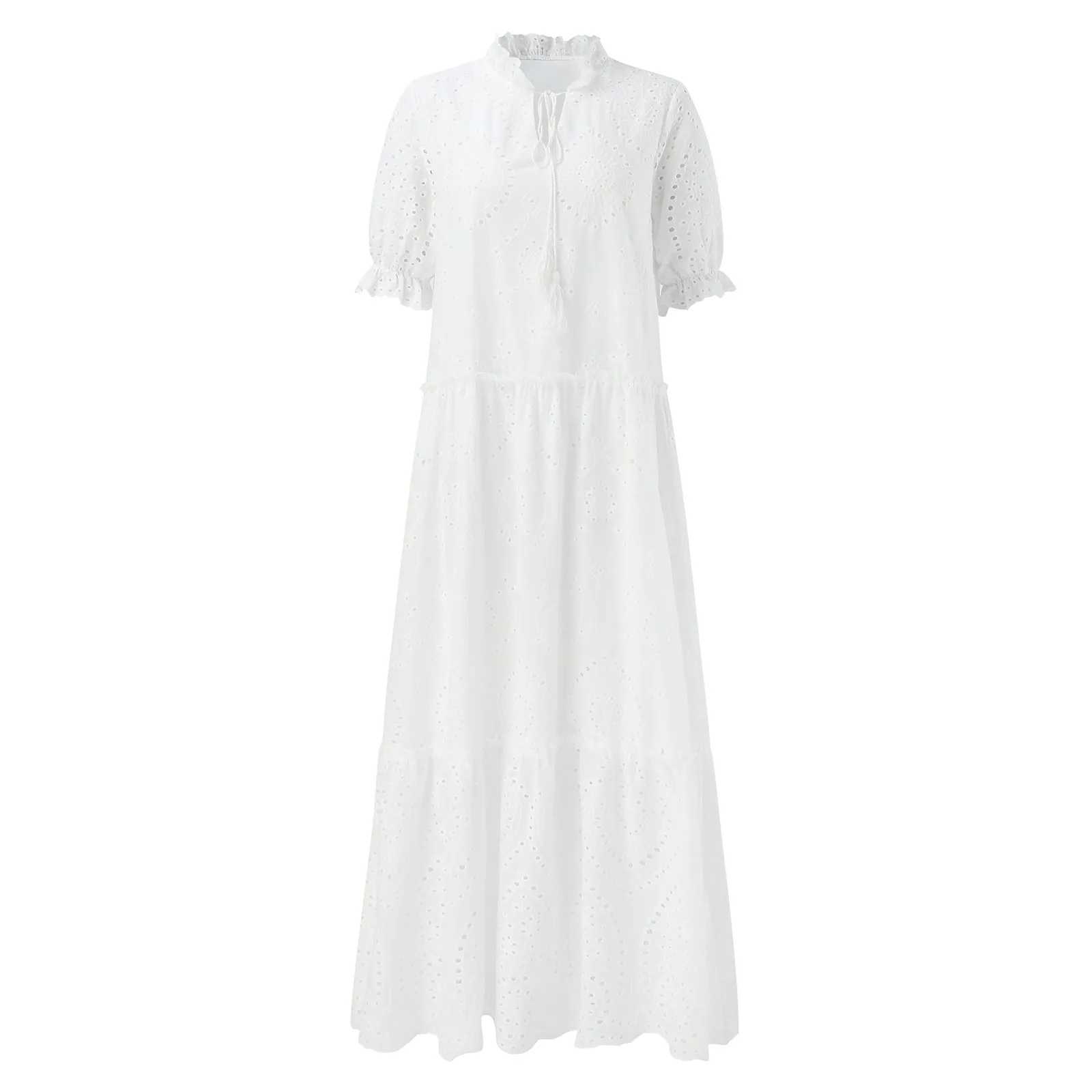 Basic Casual Dresses 2023 New Casual Lace Flower White Dress Short sleeved Lace Up V-neck Beach Dress Bohemian Holiday Sun Dress Womens Robe Womens J240222