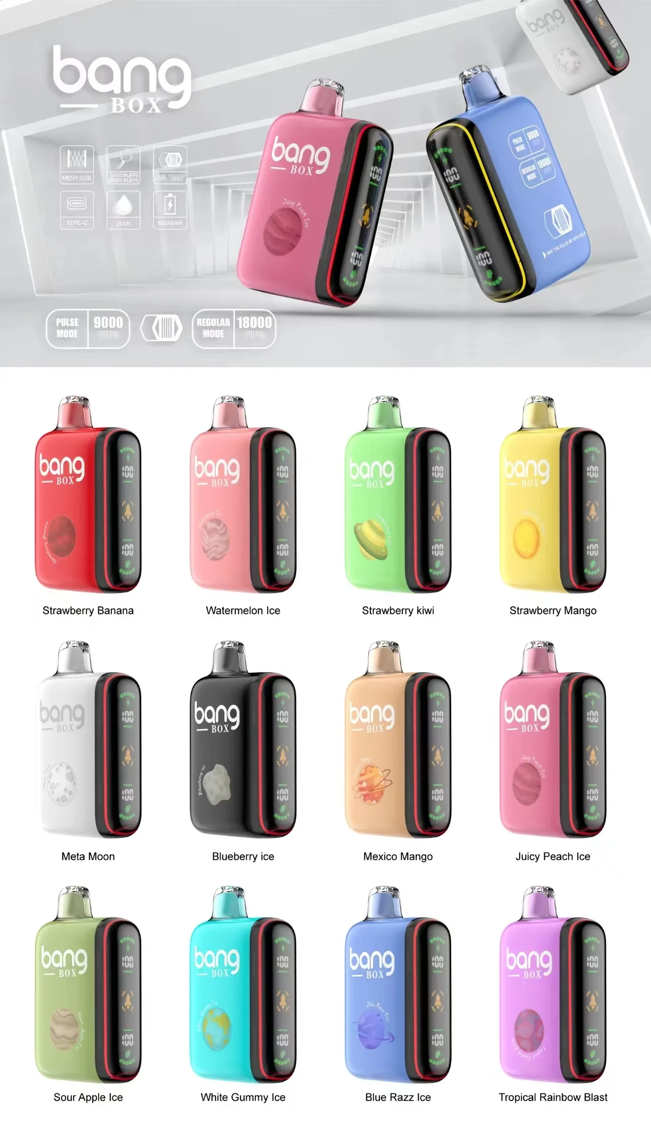 Original Bang Box 9000 9K Puff 9000 9K Rechargeable Smart Screen Disposable Vape Pen E Cigarette Mesh Coil 28ml Prefilled 650mAh Battery 18000 18K