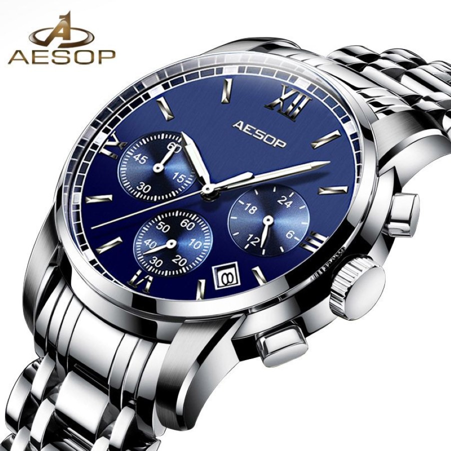 AESOP homme montre de Sport hommes saphir hommes montres à Quartz Date acier inoxydable mâle horloge bleu étanche Relogio Masculi246H
