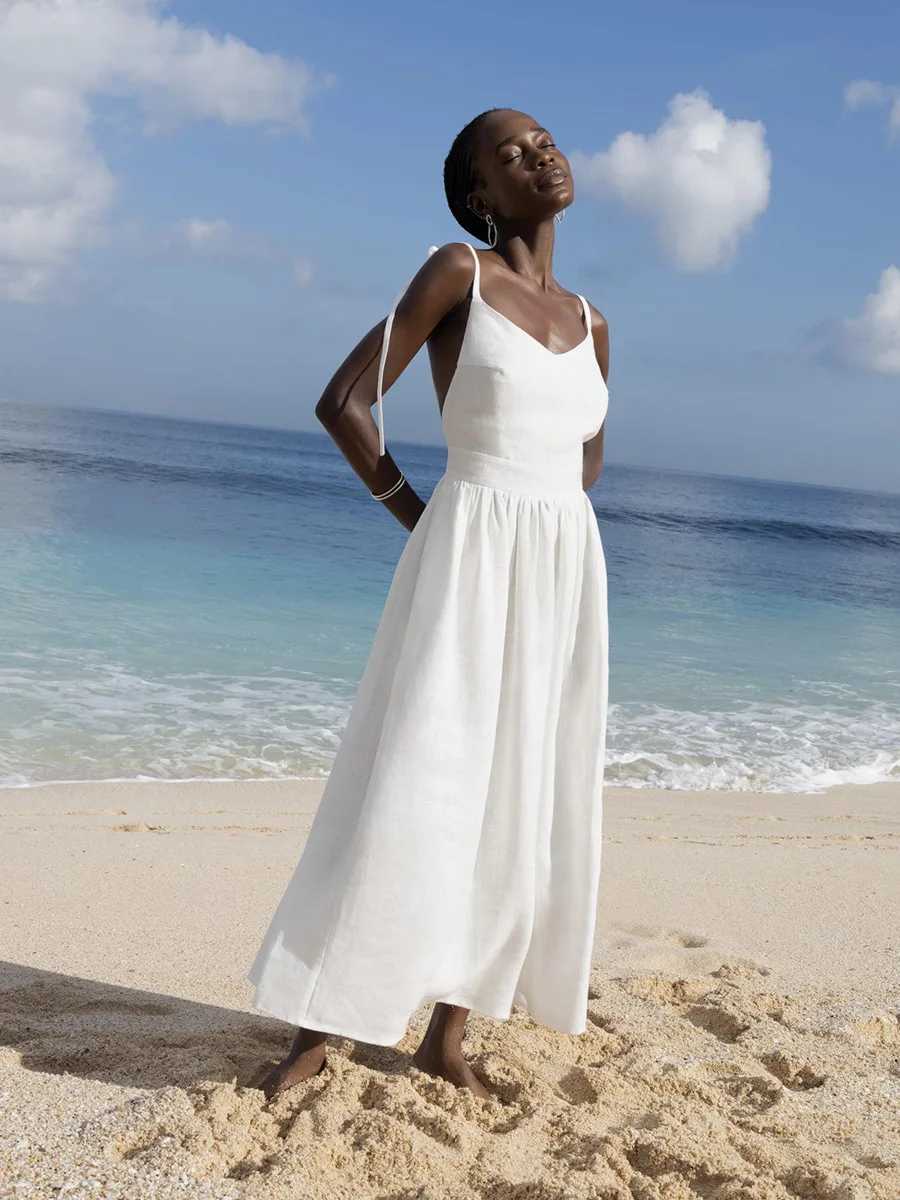 Basic Casual Dresses Bornladies Spring/Summer Beach Style Womens Dress Vintage Loose A-line Sling Dress Sexy Hot Girl 100% Cotton V-neck Dress J240222