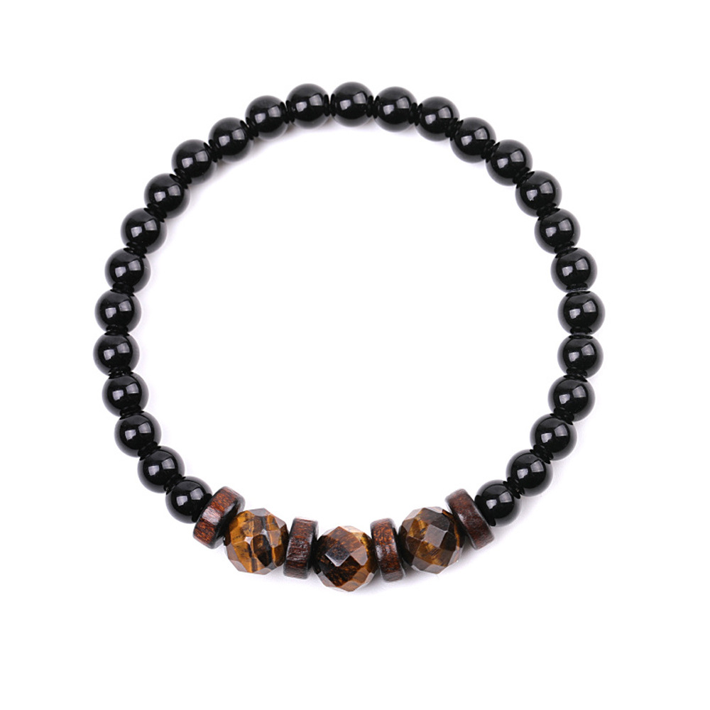 Bracciale con coppia di perline in occhio di tigre quadrato con sezione quadrata, partizione in legno, 6 mm, pietra nera opaca brillante