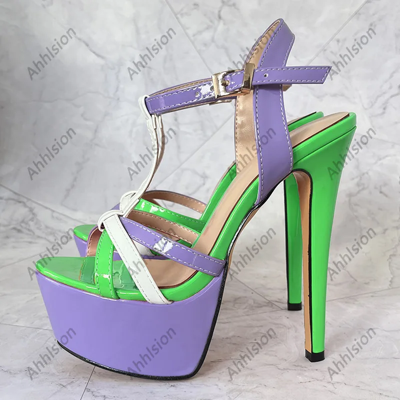 Ahhlsion Novas Mulheres Sandálias de Verão Patente Sexy Salto Stiletto Dedo Do Pé Redondo Agradável Violeta Sapatos de Festa Senhoras EUA Plus Size 5-20