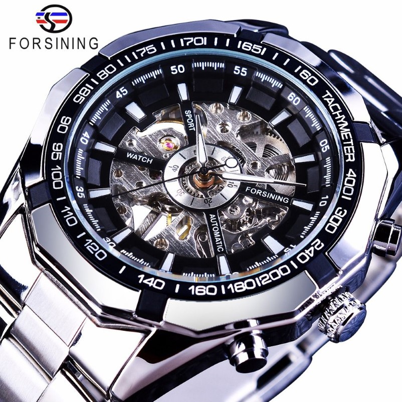 Forsining 2017 Argent En Acier Inoxydable Étanche Hommes Squelette Montres Top Marque De Luxe Transparent Mécanique Mâle Montre-Bracelet Y1264L