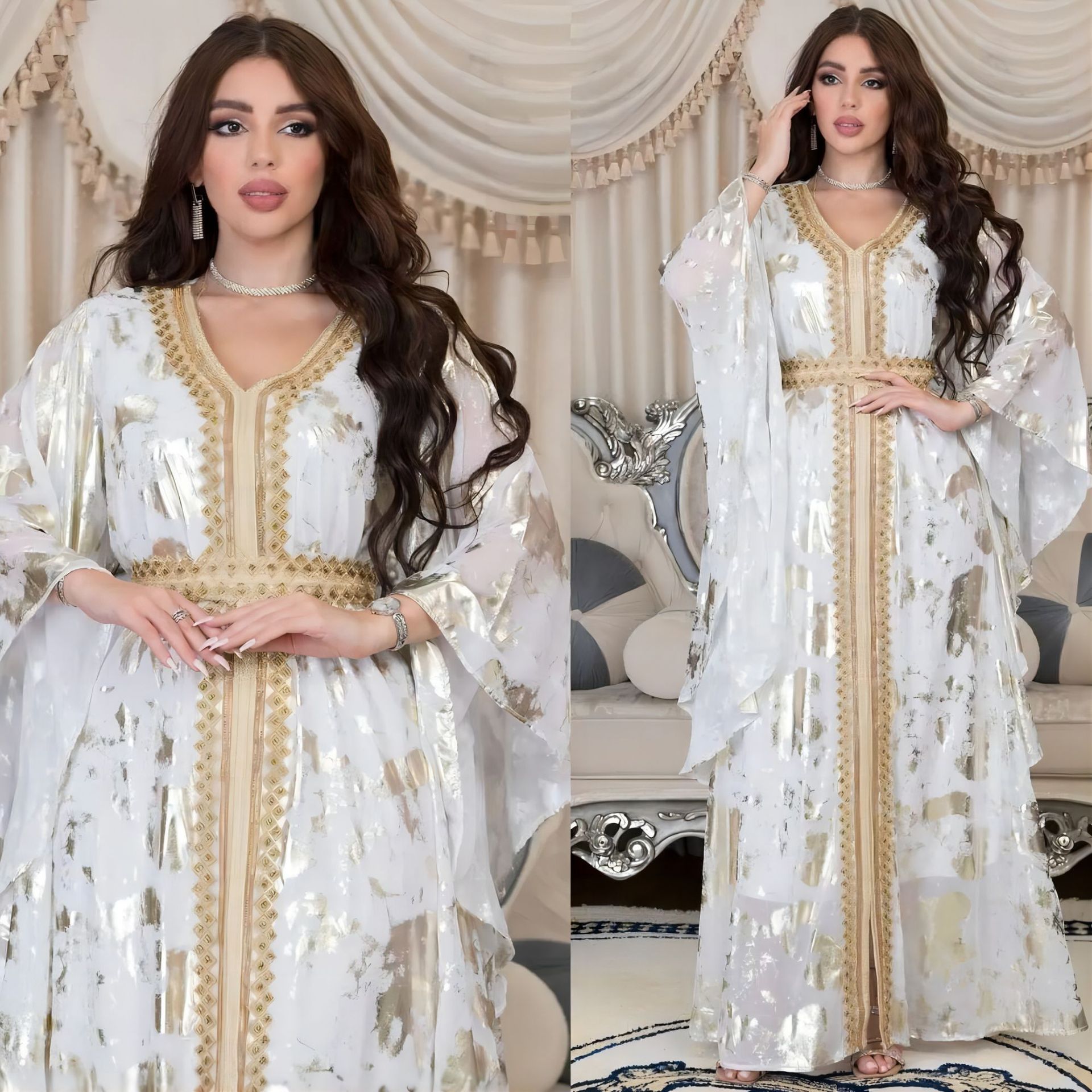 Middle East 2024 New Muslim Chiffon bronzing Robe with Belt Middle East Dress Bat Sleeves Diamonds Applique Loose Abaya Dubai Caftan