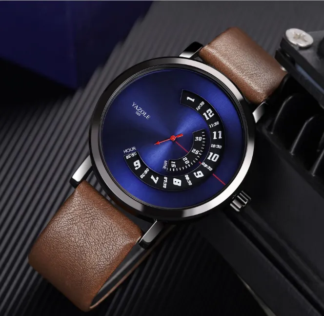 Yazolel exclusivo dial personalidade turntable design masculino relógio inteligente esportes claro tempo do mundo relógios pulseira de couro juventude relógios de pulso290c
