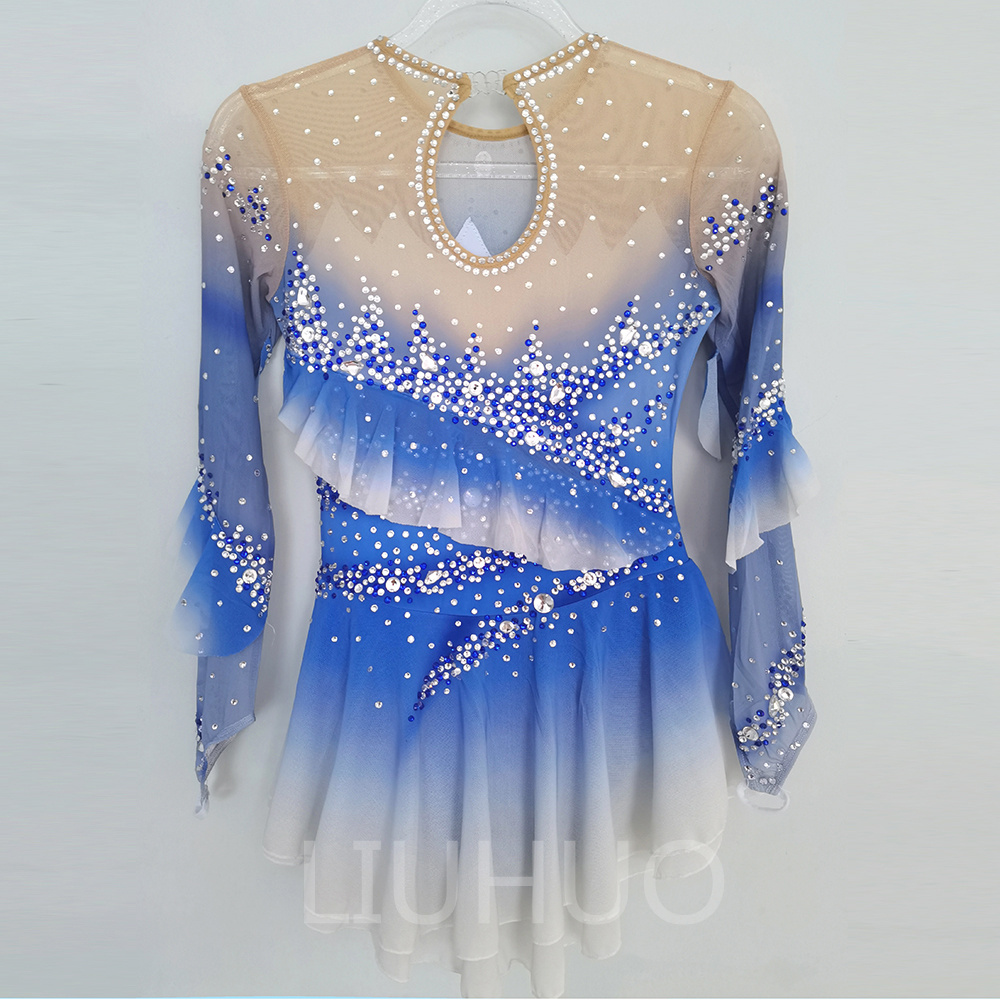 Liuhuo تخصيص الألوان شخصية التزلج فستان الفتيات المراهقات الجليد التزلج على الجليد تنورة جودة بلورات دانديكس رقص الباليه الأداء الأزرق التدرج الأزرق