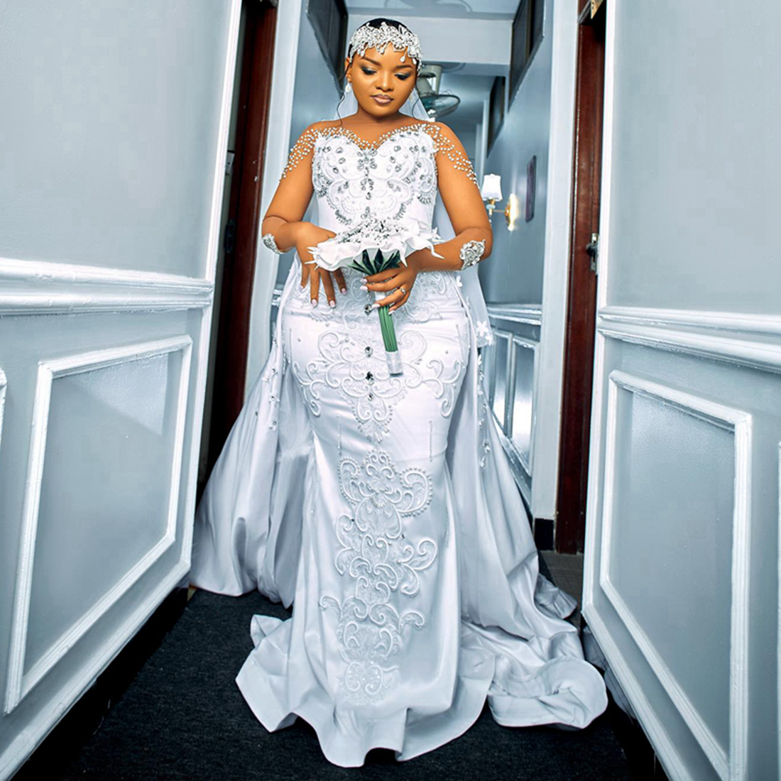 Nigeria Plus Size Aso Ebi Ebi Mermaid Suknia ślubna Suknie ślubne dla panny młodej z odłączonym pociągiem Sheer Secion Długie rękawy koronkowe sukienka marraige dla czarnych dziewcząt NW099