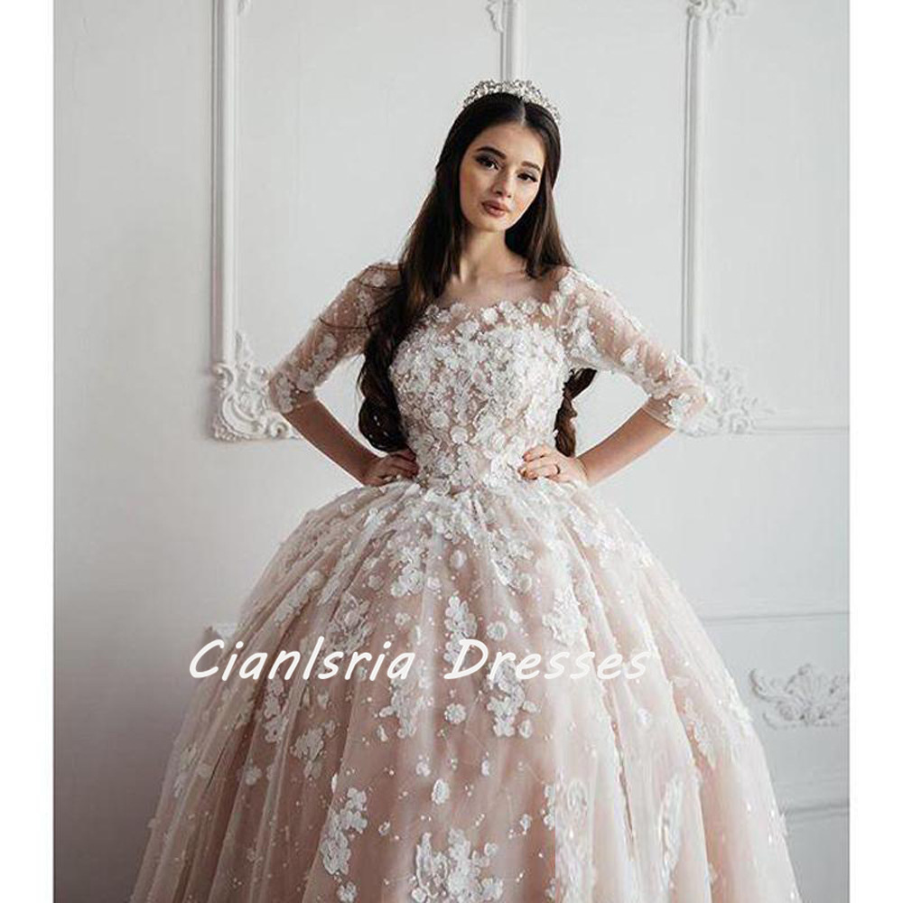 Abiti Quinceanera Champagne Blush Maniche Ragazza Corsetto Indietro Abito da ballo con perline Abiti da ballo principessa Dolce 16 Spettacolo lungo