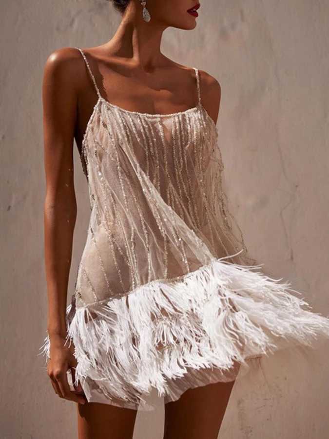 Basic Casual Dresses Fashion Fairy Shiny Womens White Feather One piece Beach Dress Party Pendant Short Dress Elegant and Cute 2024 New Design J240222