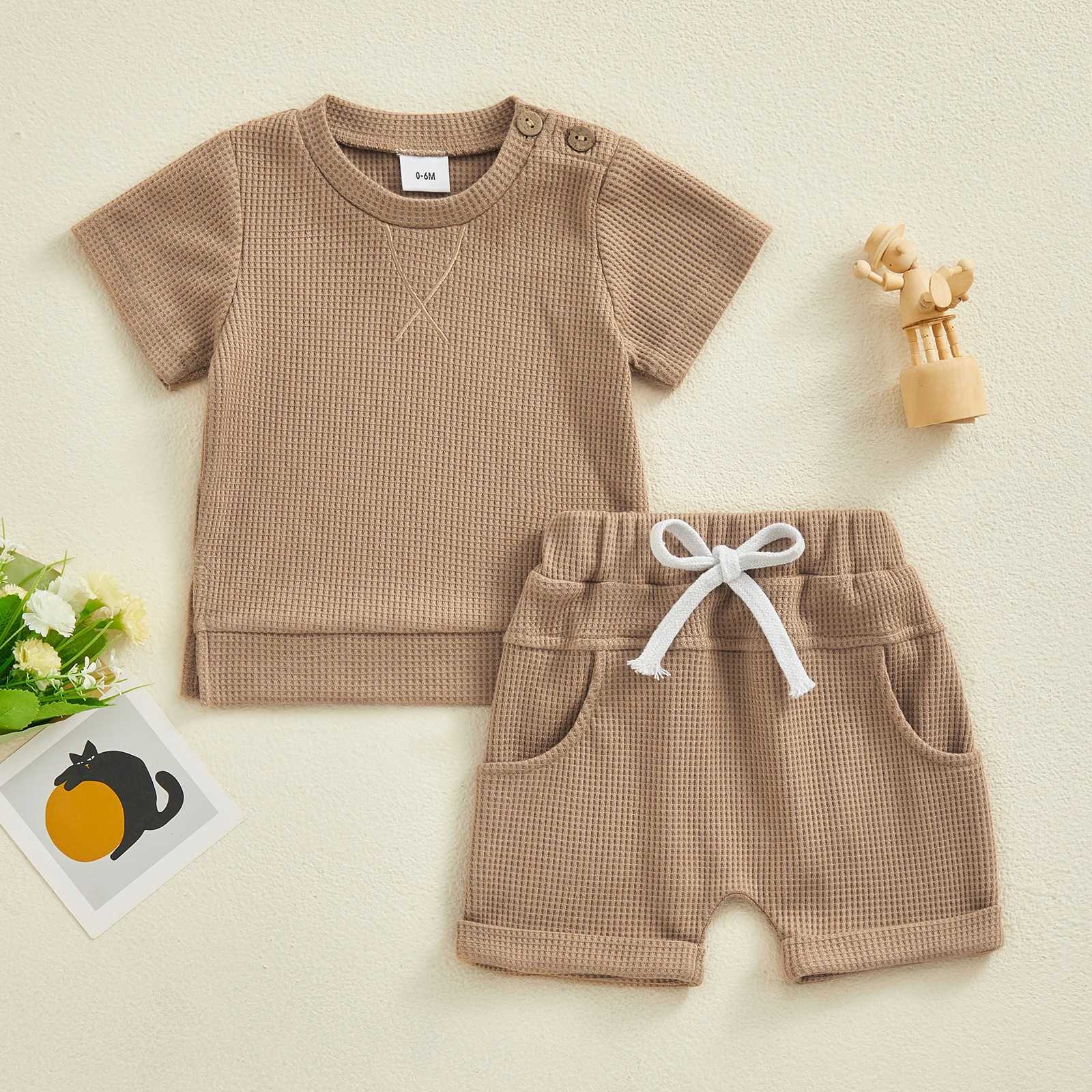 Kledingsets Nieuwe babyjongens Zomerkleding Peuter Baby-outfits Korte mouw Crewneck Tops en effen kleur Trekkoord Shorts 2 STKS Kindersets