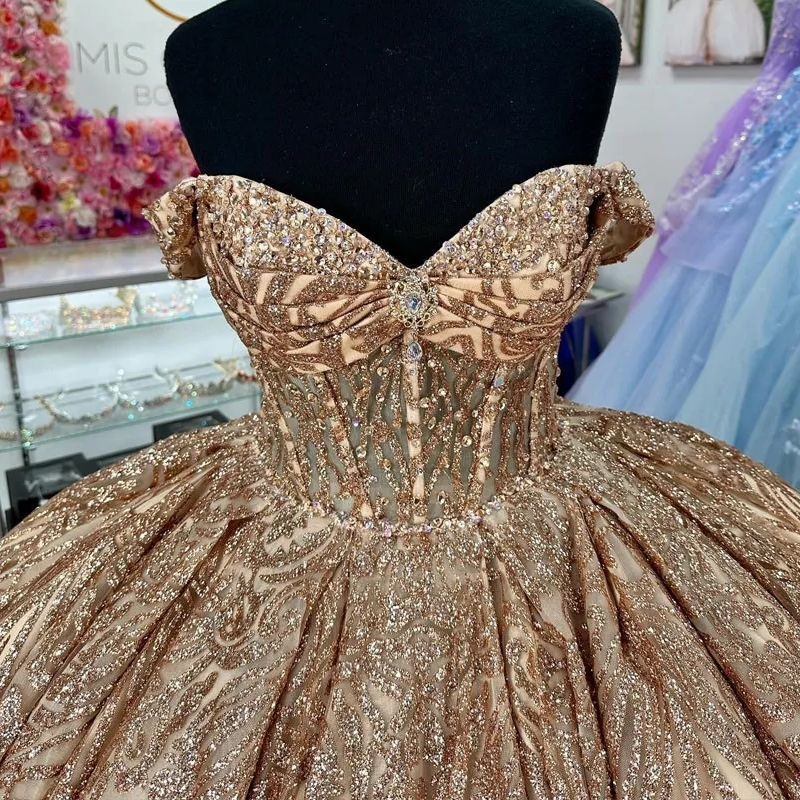 Champagne Glitter Crystal Sequined Quinceanera Dresses Ball Clown Off The Shoulder Beading Tull Corset Vestidos 15 De XV Anos