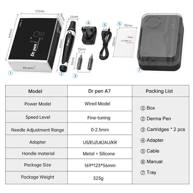 Drpen ultima A7 Wired DermaPen System Electric Microneedling Derma penna ansiktsmikro nålhudvård meso terapiverktyg med 12pins patron mts penna