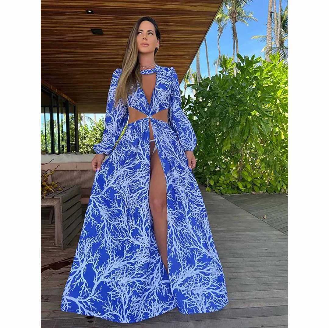 Basic Casual Dresses Beach Dress 2024 Bikini Cover Printed Swimsuit Womens Kimono Plus Size Tuned Sexy Long sleeved Swimsuit Cover J240222