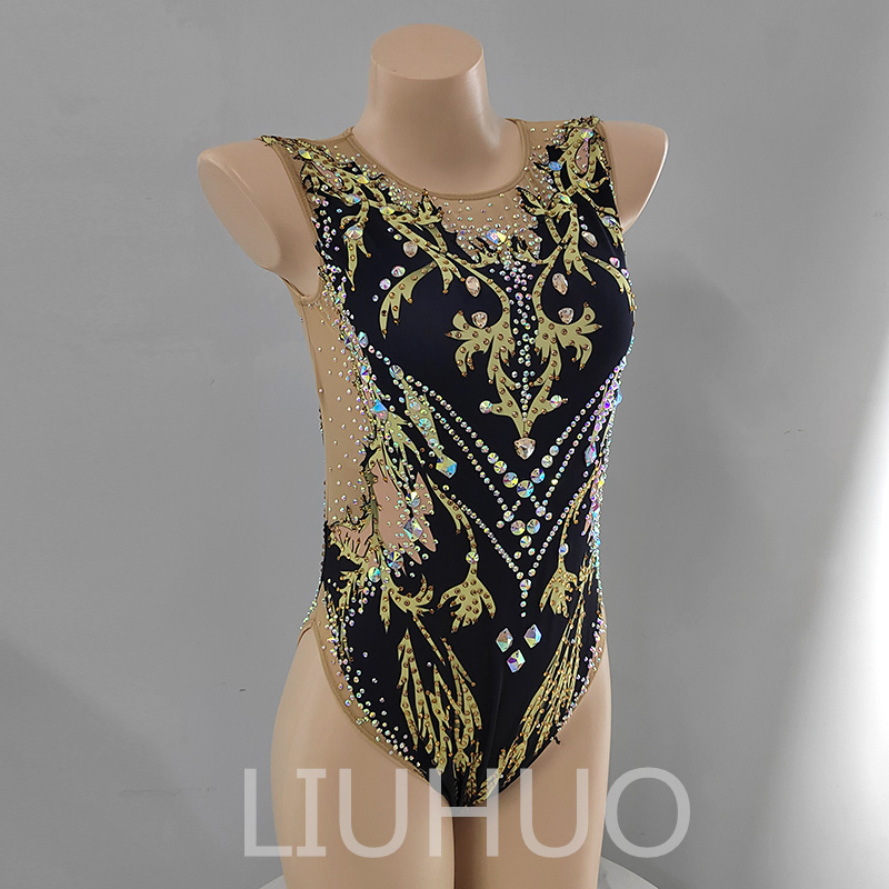 LIUHUO Personalizar Colores Trajes De Baño Sincronizados Niñas Mujeres Cristales De Calidad Diamantes De Imitación Elásticos Calidad Equipo De Natación Rendimiento Negro BD1899