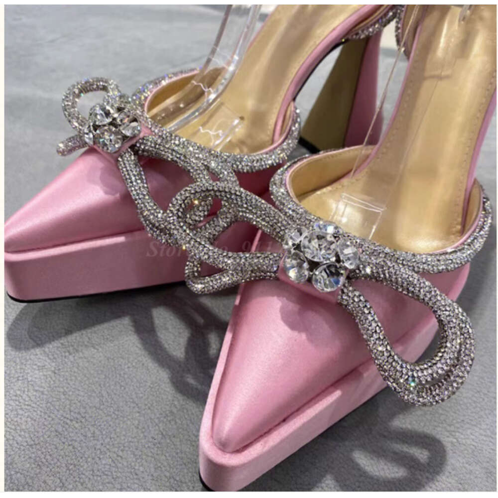 Strass Bowknot Bout Pointu Mary Jane Plate-Forme Pompes Rose Noir Femmes Printemps Bling Bride À La Cheville Chunky Talon Haut Chaussures Simples