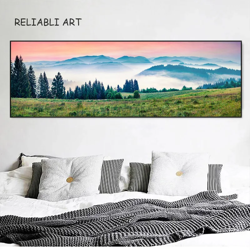 Pintura en lienzo de paisaje de bosque y árbol verde, niebla del amanecer, imágenes artísticas de pared, póster e impresiones para decoración del hogar, sala de estar, sin marco