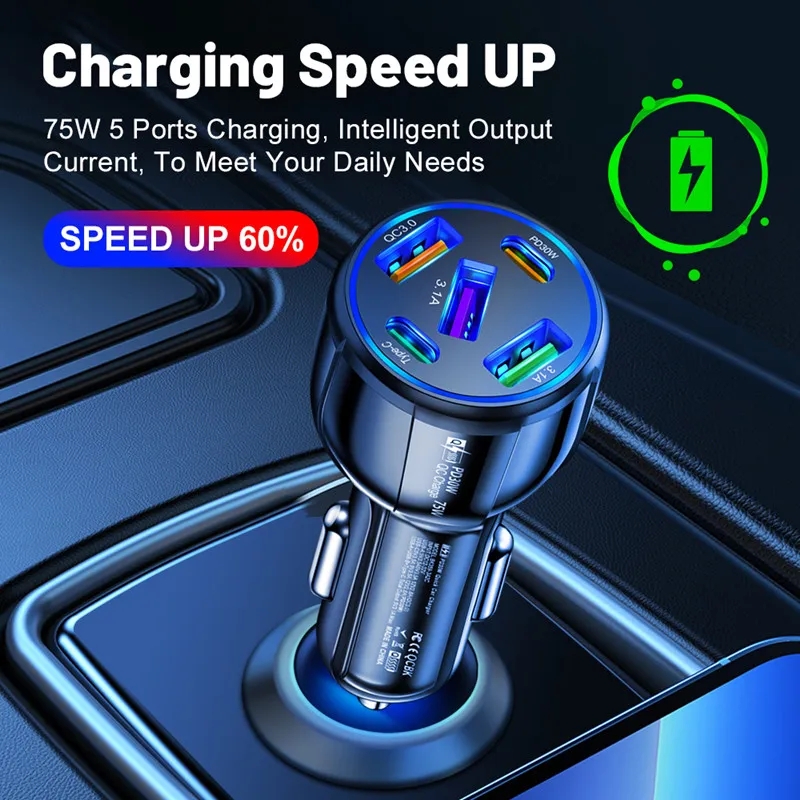 75W USB C Car Charger QC 3.0 USB Quick Charger Snabb Charing PD 30W Typ C Telefonladdare Adapter för iPhone 15 14 13 Xiaomi Huawei Samsung S24