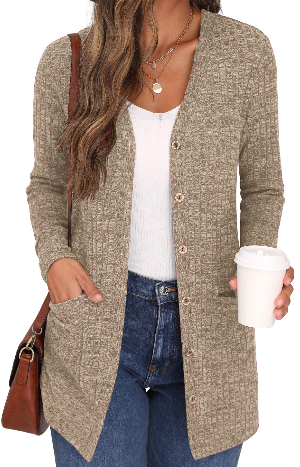 2024 Spring Womens Sweaters Cardigan Long Sleeve Open Front Single-Breasted V-Neck Ribbed Knit Lightweight Outerwear with Pocket BK24007