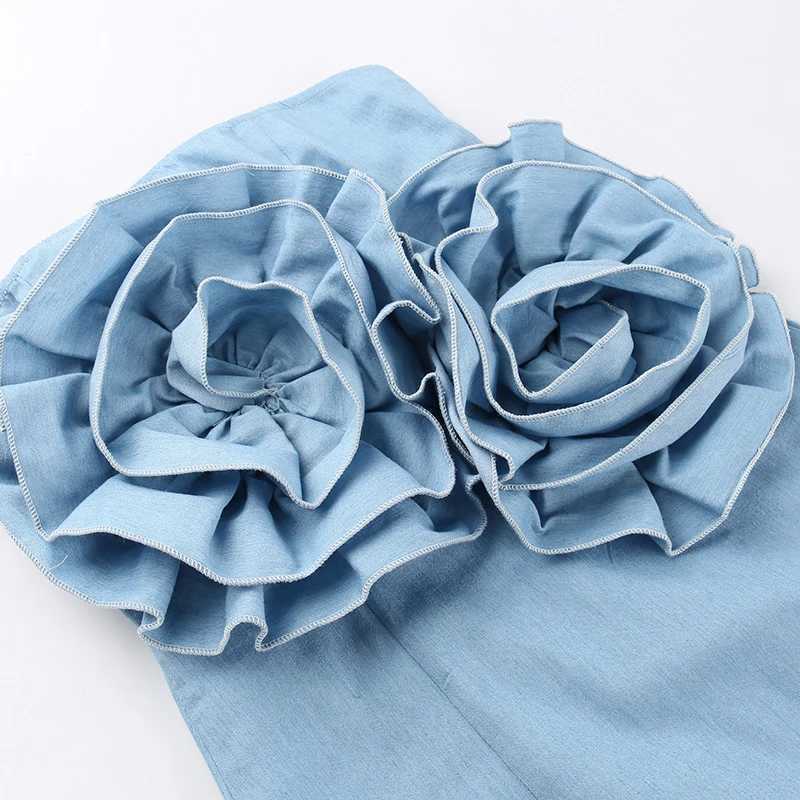 Robes décontractées de base femmes sexy style 3D robe en denim imitation florale bustier tubulaire bandage J240222