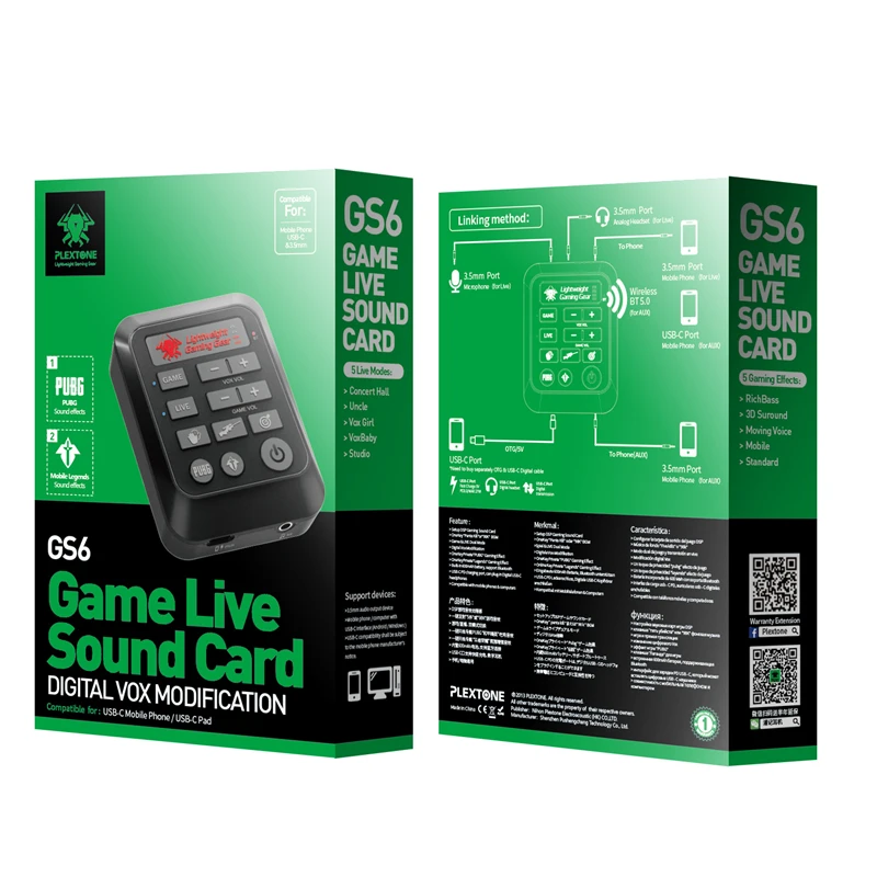 Accessories Plextone GS6 Game Live Sound Card Connect Wired Or Wireless 5 Sound Effects 6 Variations For Mobile Phone PC