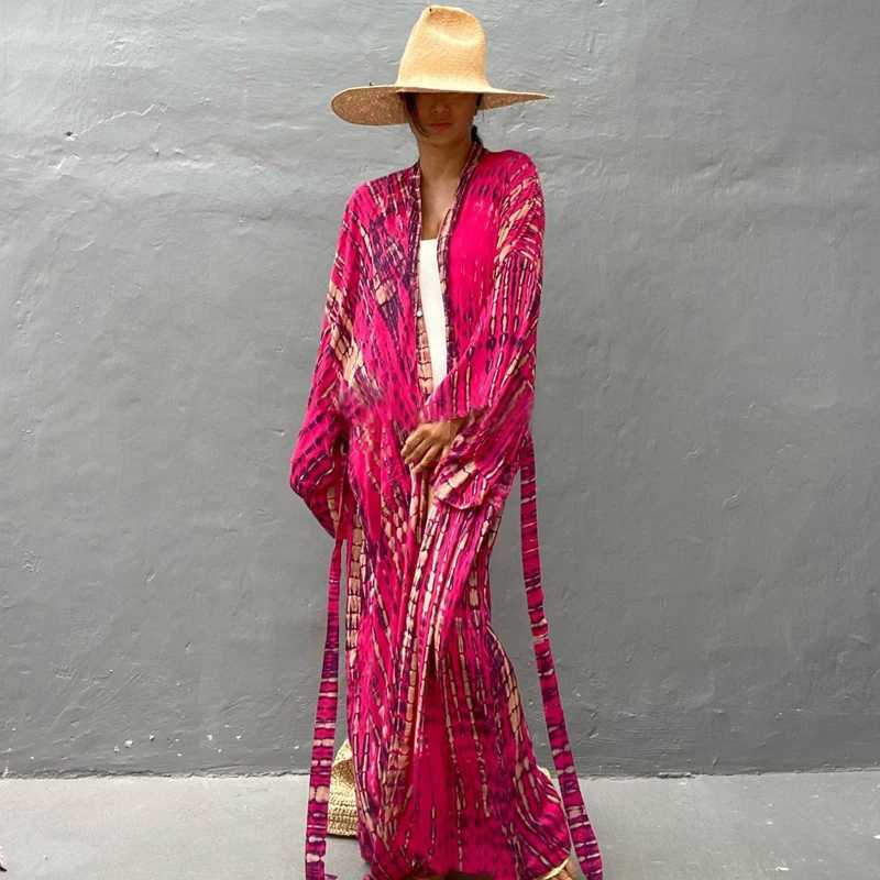 Grundlegende Freizeitkleider, langer Kimono für Damen, Sommer-Strandgürtel, Bikinioberteil, rosa, leuchtende Farben, Batiknähte, bequeme Mäntel, Boho-Resortwear-Robe J240222