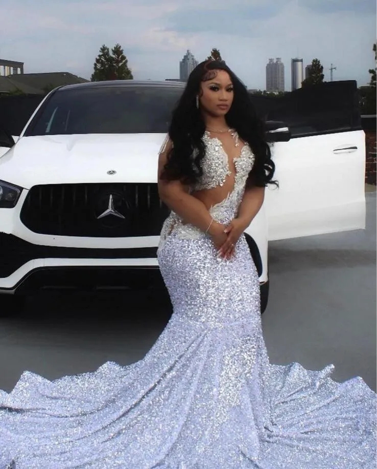 Glitter White Sequins Mermaid Prom Dresses 2024 Sexy Sheer Neck Lace Appliques Plus Size Formal Birthday Party Gowns For Black Girl Vestidos De Novia