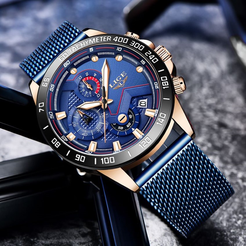 2022 Luik Blauw Casual Mesh Riem Mode Quartz Gouden Horloge Heren Horloges Topmerk Luxe Waterdichte Klok Relogio Masculino 220225302S