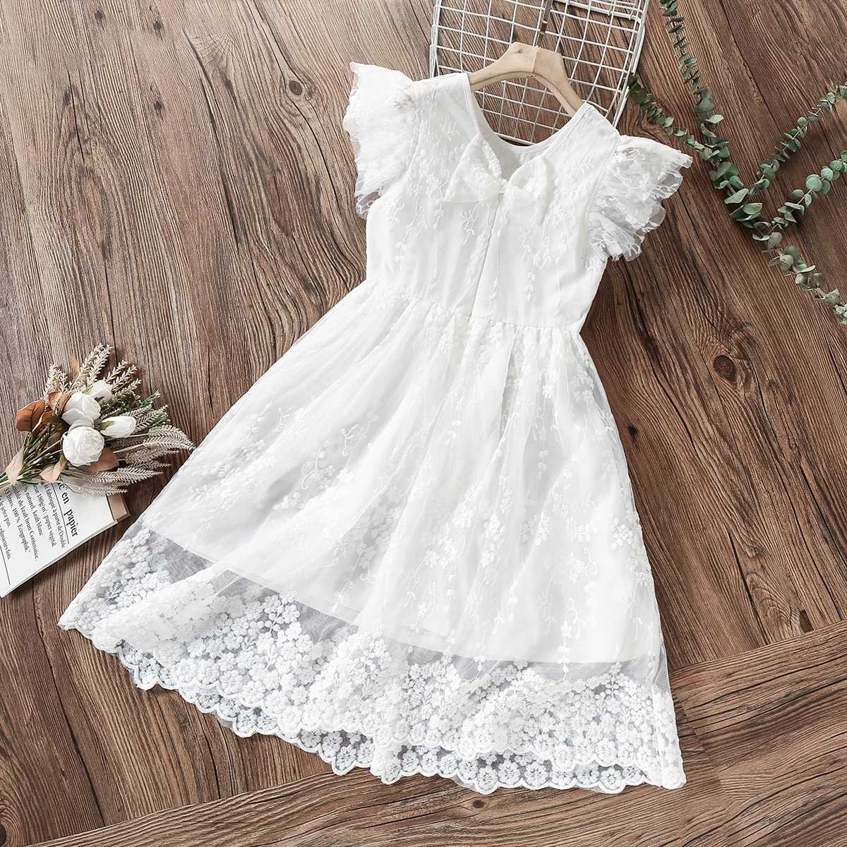 Vestidos da menina verão bebê meninas vestidos brancos crianças princesa vestidos de renda algodão roupas de festa manga curta crianças trajes 4 6 8 10 12 anos l2402