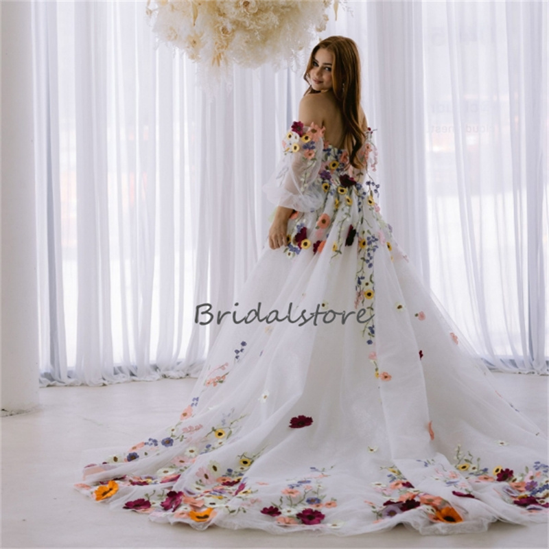Beautiful Colorful Flower Wedding Dress Boho Fairy tale A Line 3D Florals Rustic Country Bridal Gowns Tulle Whimsical Bride Dress 2024 Hippies Gatsby Robe De Mariee