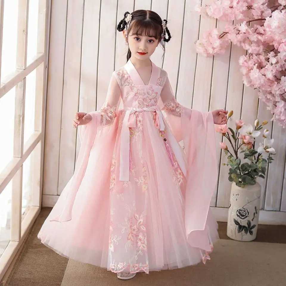 Girl's Dresses New Hanfu girls spring and autumn childrens costume dress 3-12 years old girl cherry blossom princess dress Chinese style child