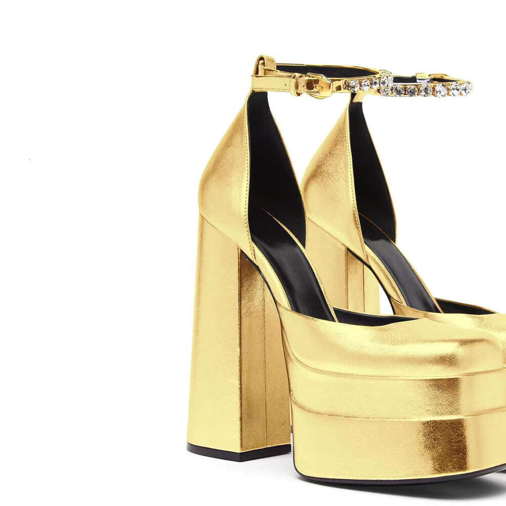 Tacón grueso Mary Jane plataforma mujer Golden Sier punta cuadrada tacones altos banquete bombas diseño de marca pasarela zapatos de gran tamaño