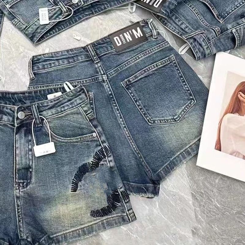 Women's summer high waist denim jeans loose logo letter embroidery shorts SMLXL