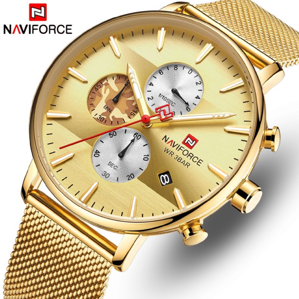 Naviforce Men Watch Fashion Quartz Watches Luxury Brand Stainless Steel Chronographリストウォッチメンズ防水アナログ男性Clock289V