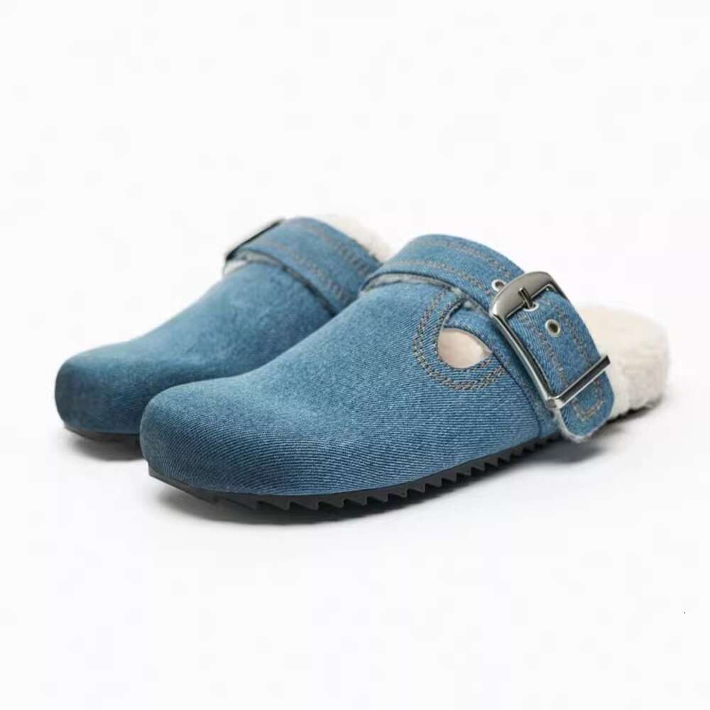 2024 Autumn New Baotou Half Shoes Lamb Hair Denim Casual Shoe Buckle Decoration Thick Bottom Ull tofflor utanför lägenheter