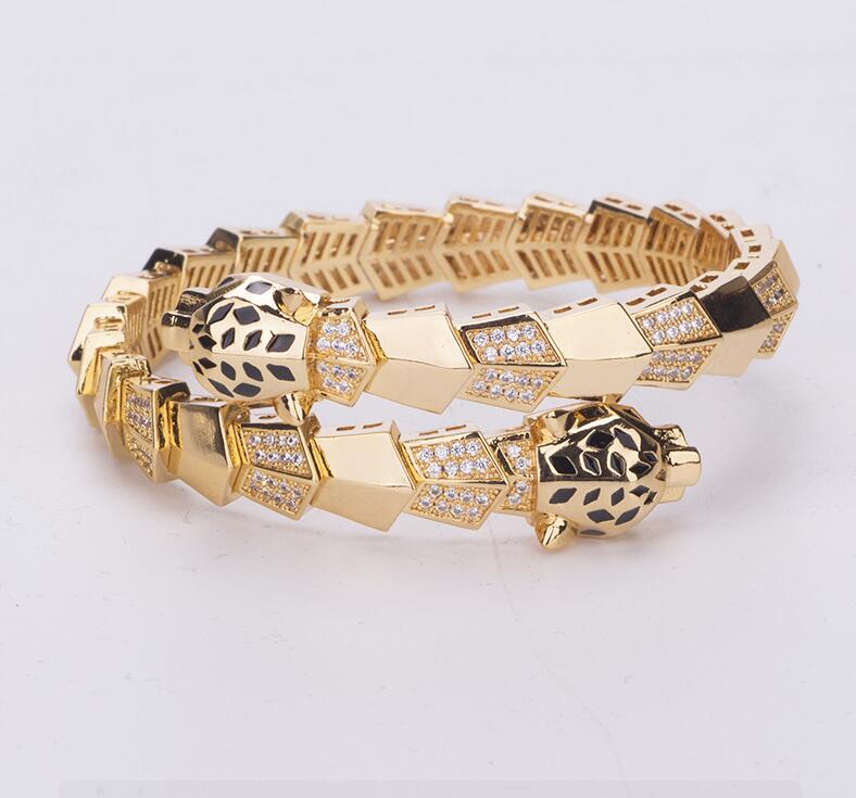 Hiphop Rock Gold Silber Doppelkopf Emaille Leopard Manschette Armreif Kupfer vergoldet mit eingelegtem Zirkon Federarmband Herren Dominant Leopard Schmuck Punk Accessoires