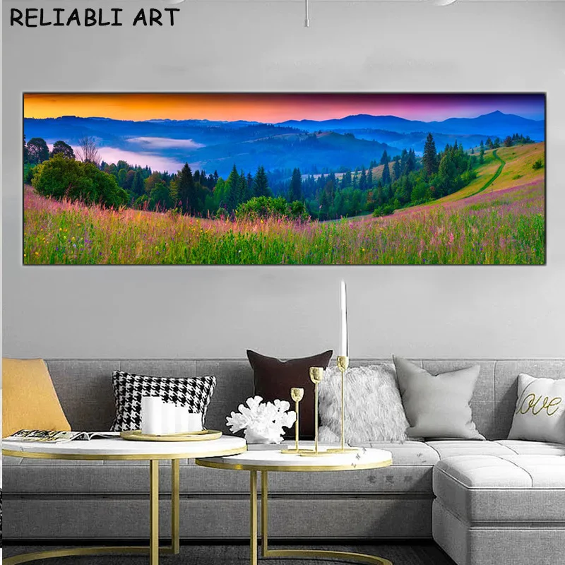 Pintura en lienzo de paisaje de bosque y árbol verde, niebla del amanecer, imágenes artísticas de pared, póster e impresiones para decoración del hogar, sala de estar, sin marco