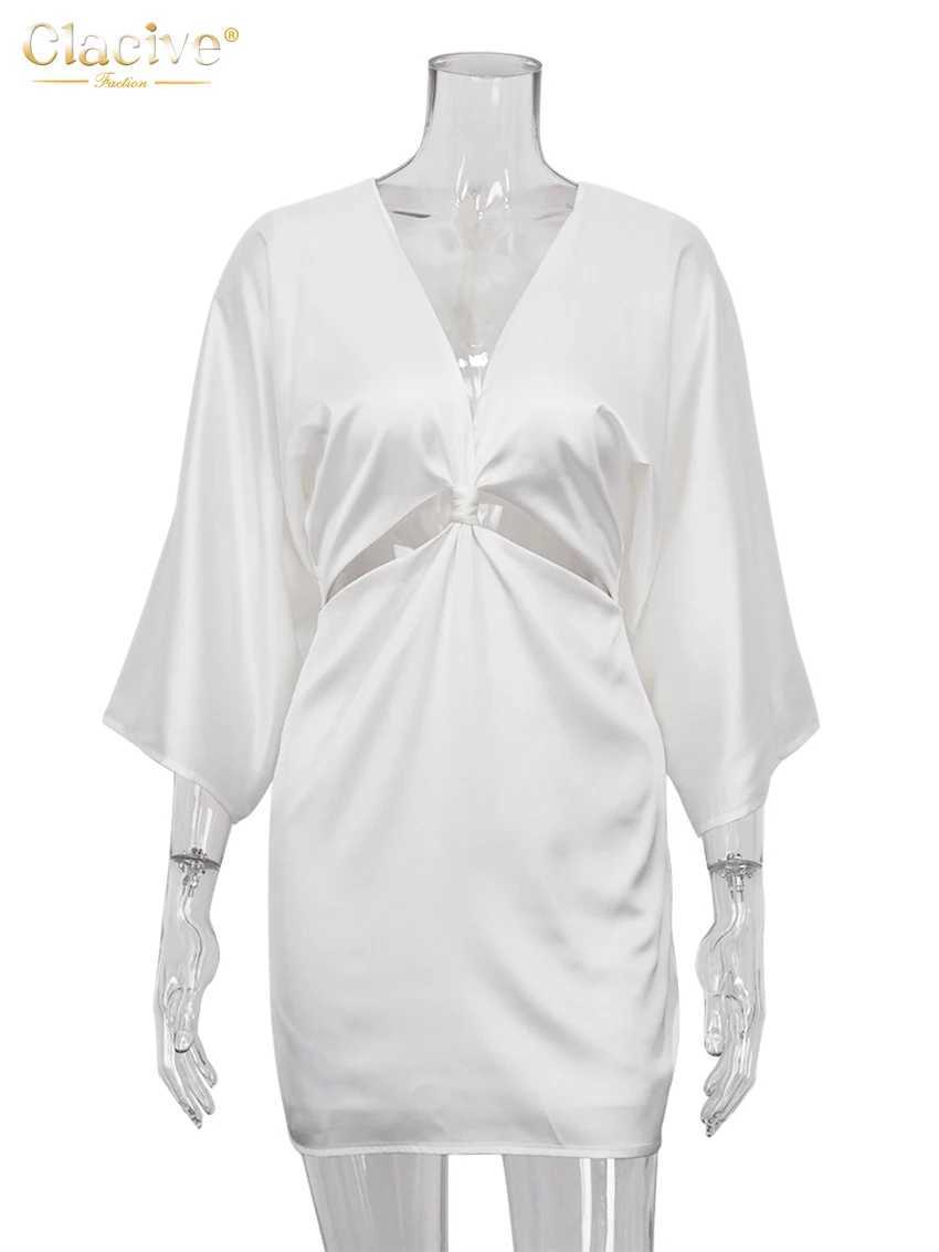 Abiti casual di base Clacive Abito estivo in raso bianco con scollo a V profondo Abito da donna in raso a mezza manica con corpo vuoto Abito da festa in seta sexy da donna J240222