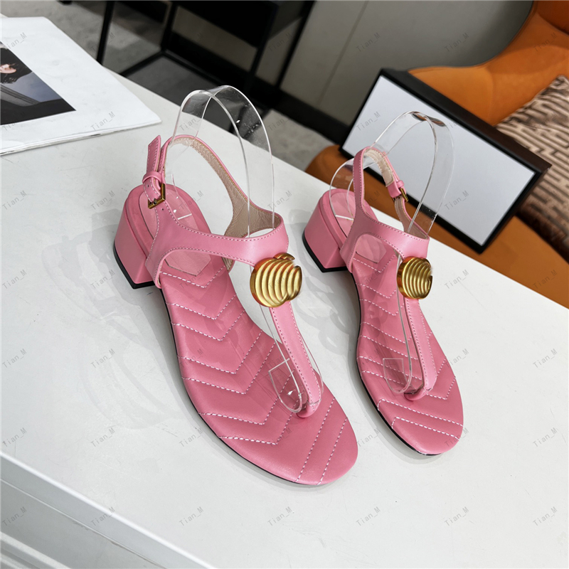 2024 HIGH Quality Sandals Slippers women Genuine Leather Fashion chunky heel metal buckle flip flops party shoes dress shoes brand Designer Metal
